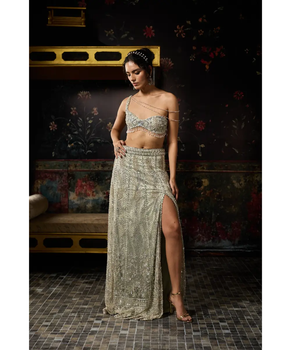 DIYARAJVVIR -  SILVER FULLY EMBELLISHED ASYMMETRICAL SLIT SKIRT SET